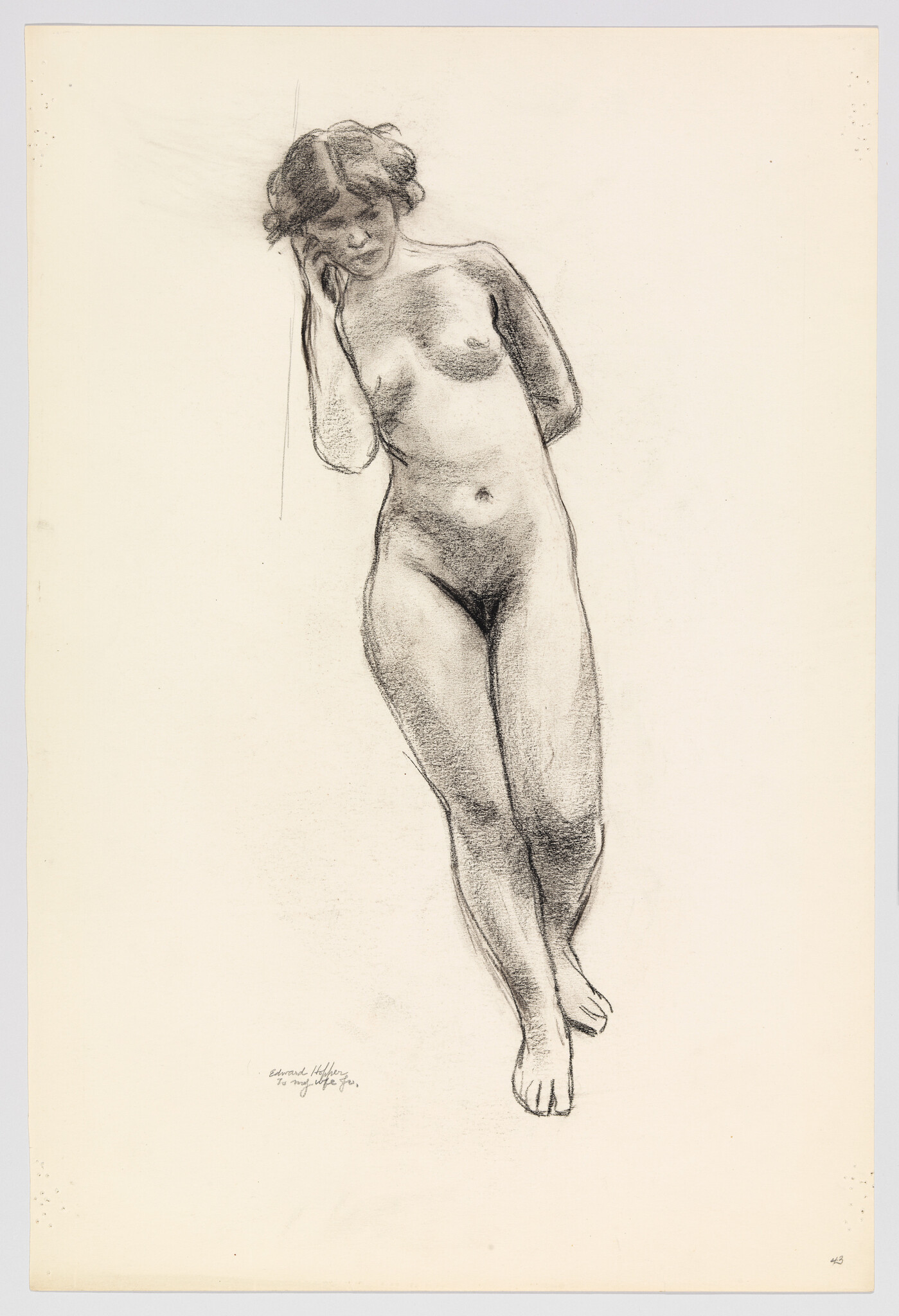 A charcoal sketch of a standing nude woman leaning with one hand touching her face.