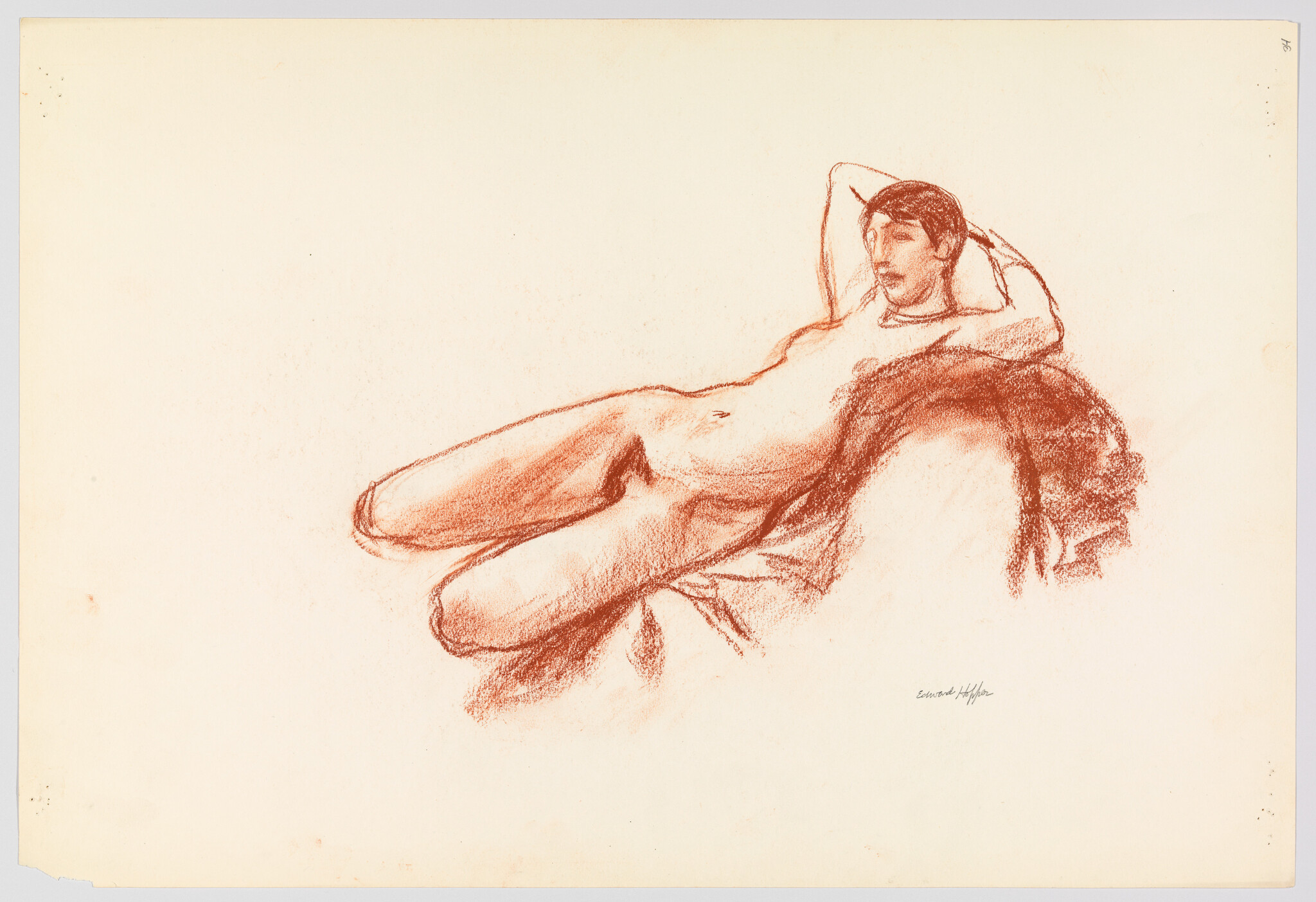 A reclining nude man drawn in red chalk rests with arms behind his head.