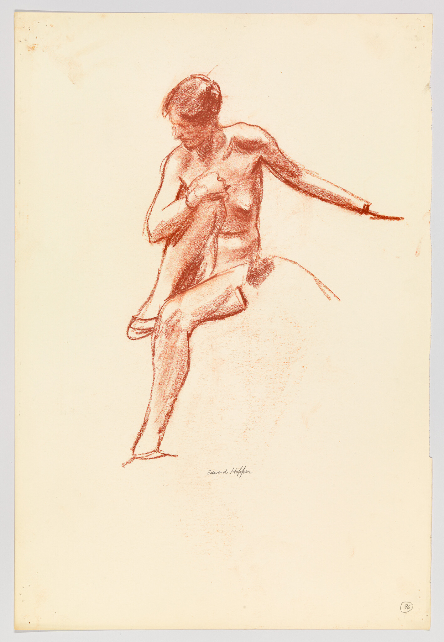 Seated nude man in a relaxed pose with one arm extended and head turned down.