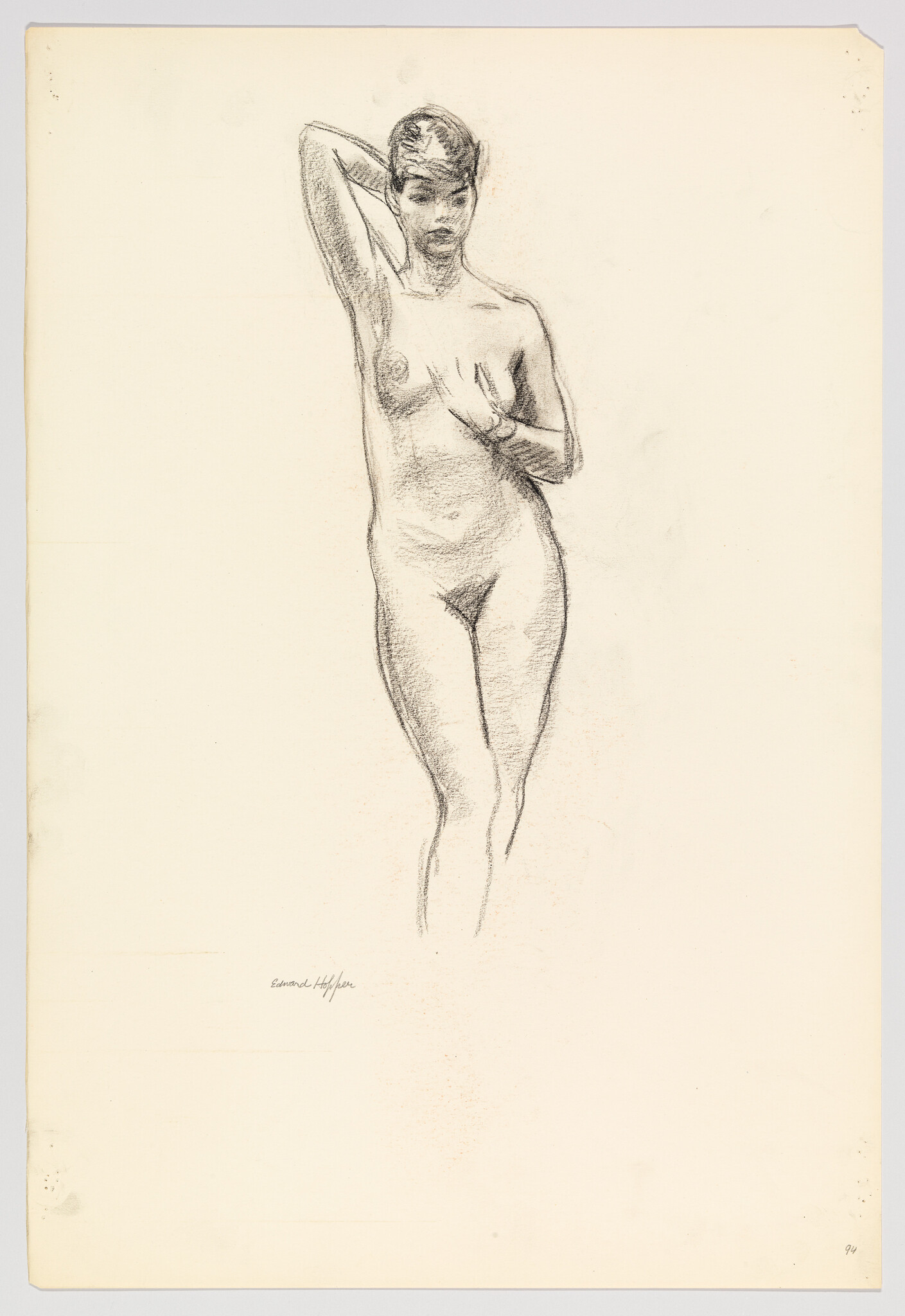 A charcoal sketch of a standing nude woman with one arm raised and the other across her chest.