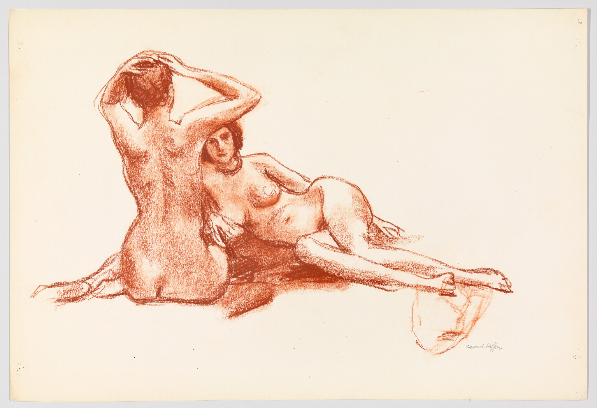 Two nude women pose in red chalk sketch, one sitting with hands on her head and one reclining.