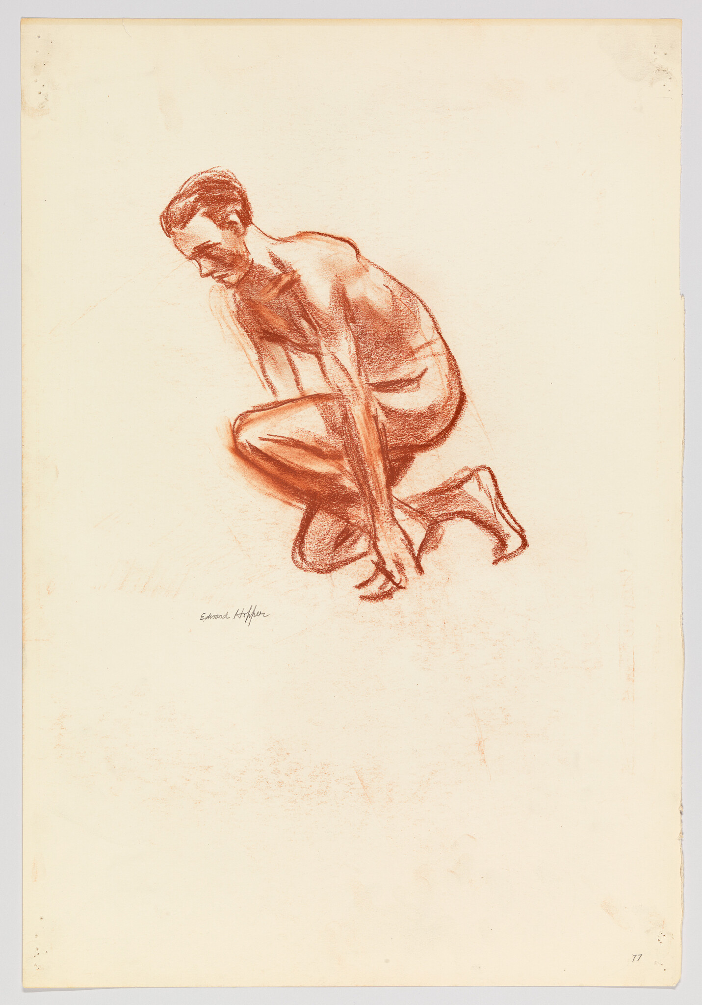 A red chalk sketch of a nude man crouching and touching the ground with his hand.
