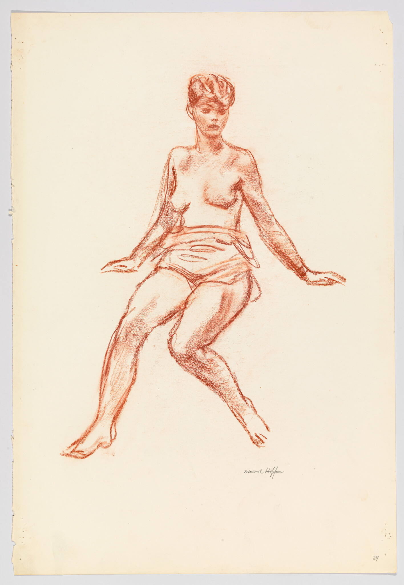 A sketch of a seated female figure with an abstract hairstyle, rendered in red chalk on aged paper. The figure appears contemplative, with her head slightly tilted and her gaze directed downward. The artist's signature is visible at the bottom right.