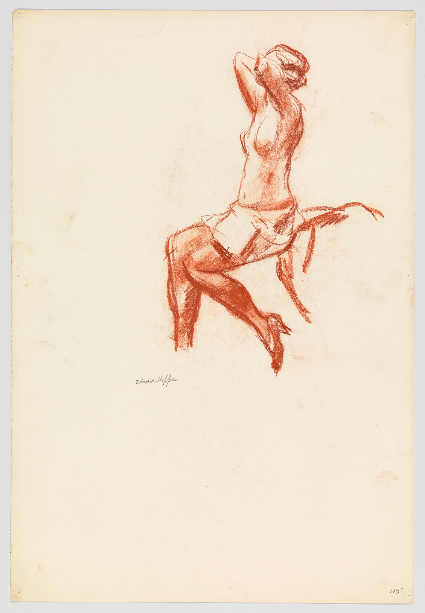 A red chalk sketch of a seated woman lifting her arms to adjust her hair.