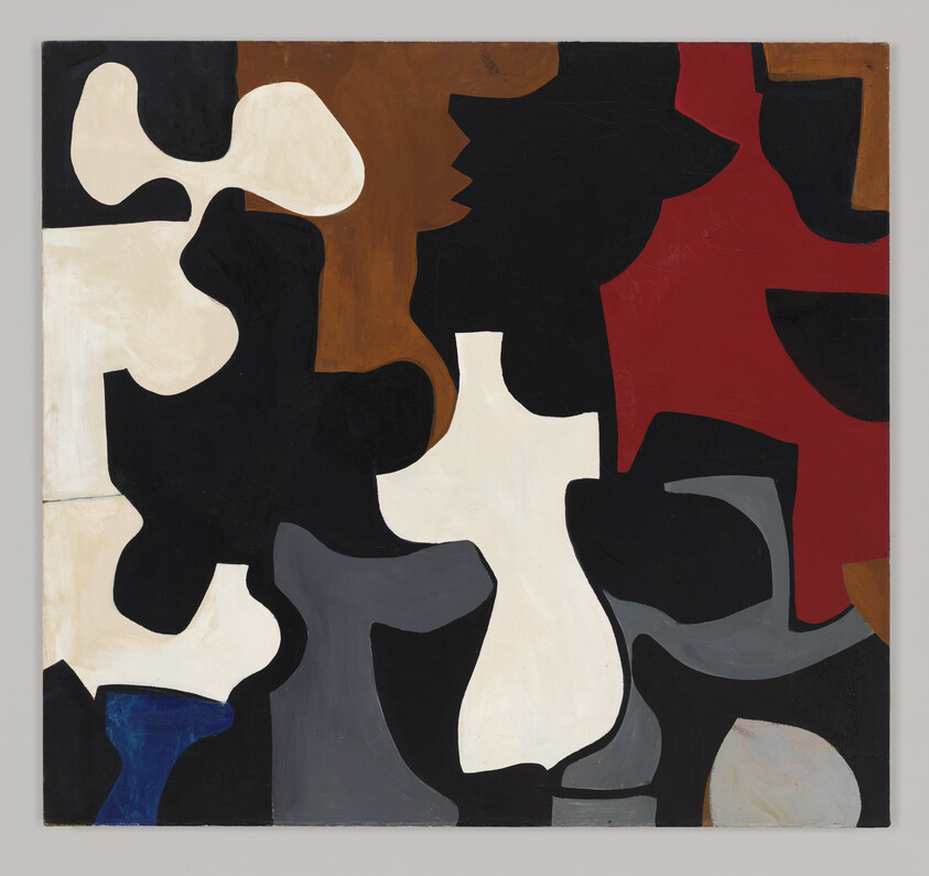 Abstract painting of interlocking black, white, red, brown, gray, and blue organic shapes.
