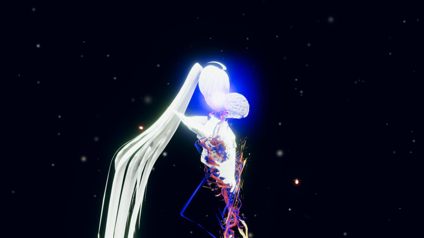 A glowing, abstract humanoid figure with long, flowing hair stands against a dark, starry background, illuminated by a blue halo.