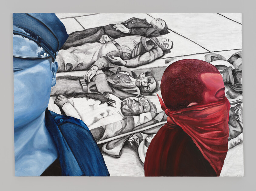 A person in a red bandana faces a blue-toned police officer; several bodies lie on the ground behind them.