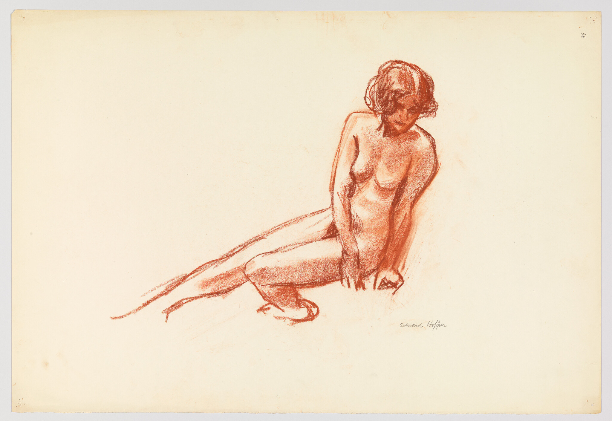 A seated nude woman leans back with one hand on the floor and legs extended.