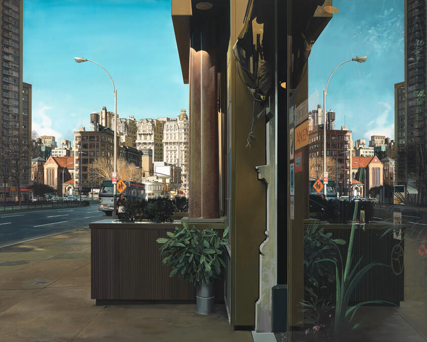 Street corner with storefront glass reflecting city buildings and potted plants on the sidewalk.