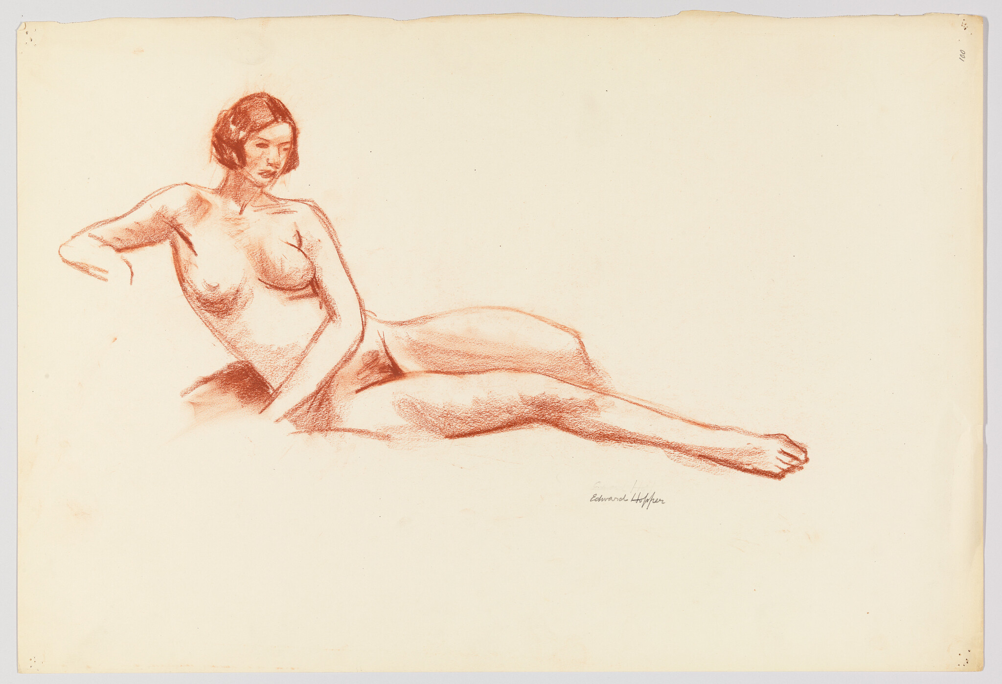 A red chalk sketch of a nude woman reclining with her legs extended and one arm bent.