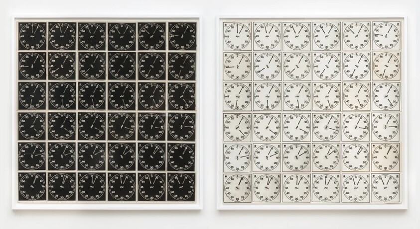 Two framed grids each containing multiple circular clock faces, left black and right white, showing various times.