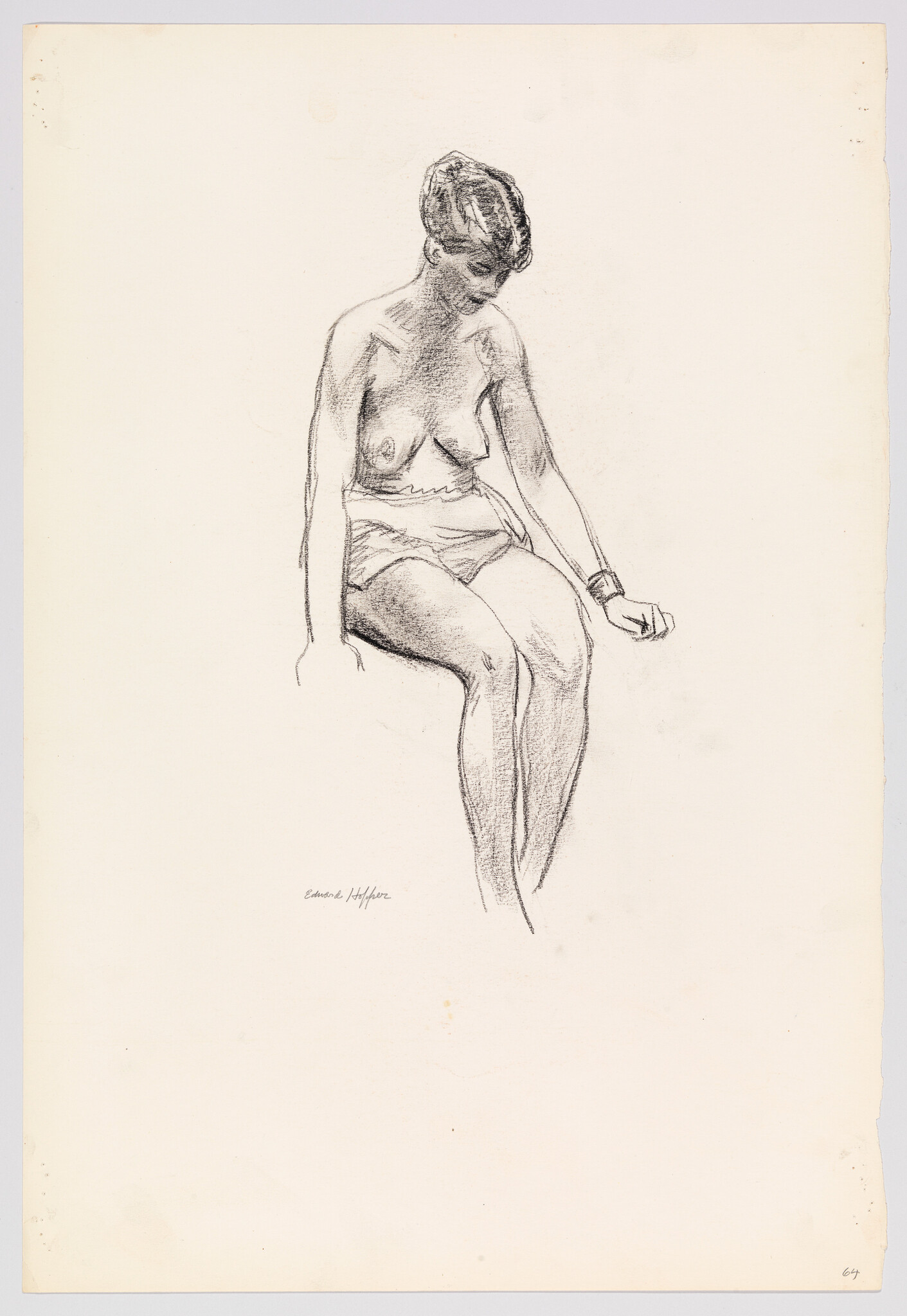 A seated woman in underwear looks down with one arm resting and legs crossed slightly.