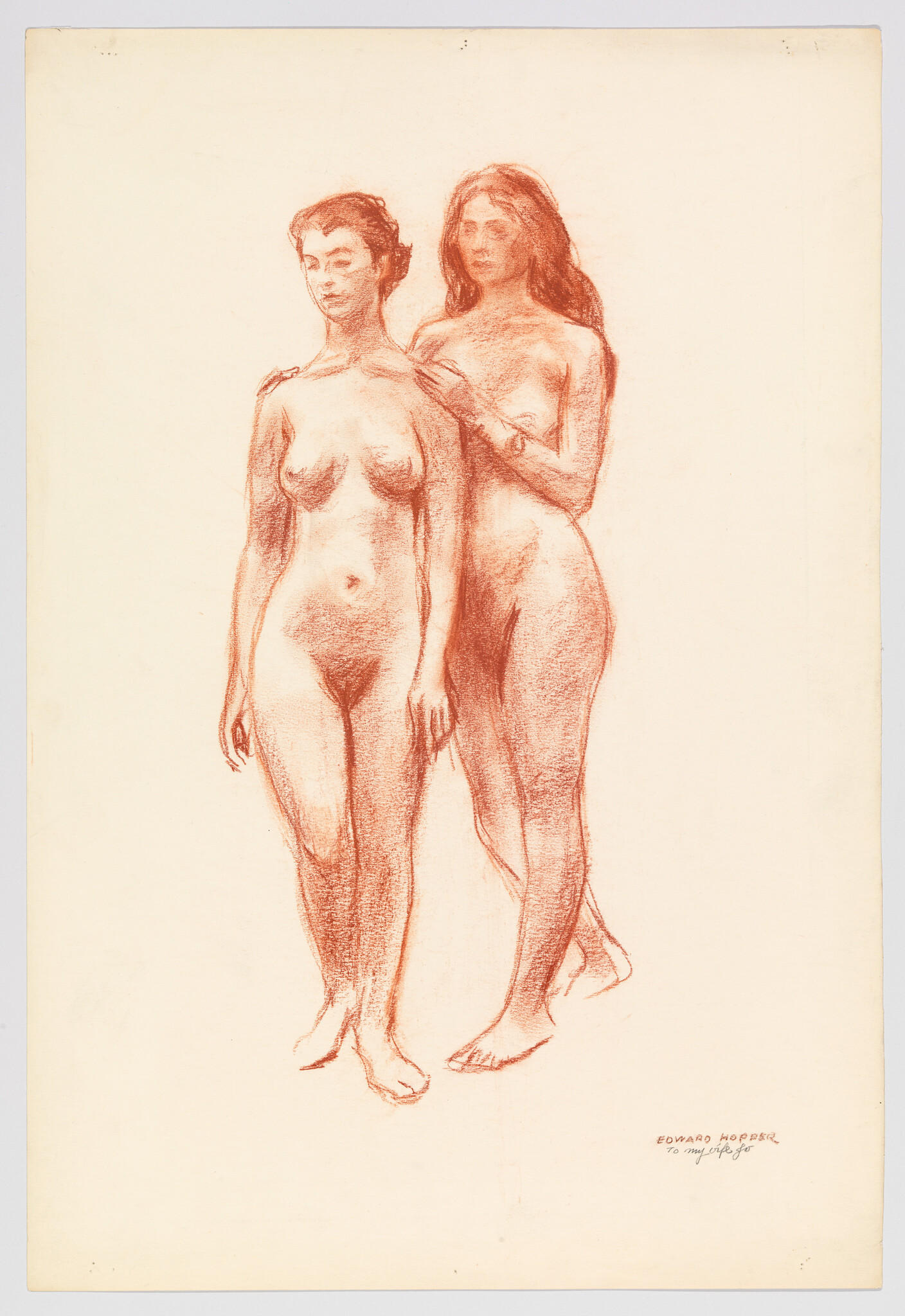 Two standing nude women drawn in red chalk, one gently touching the other's shoulders.