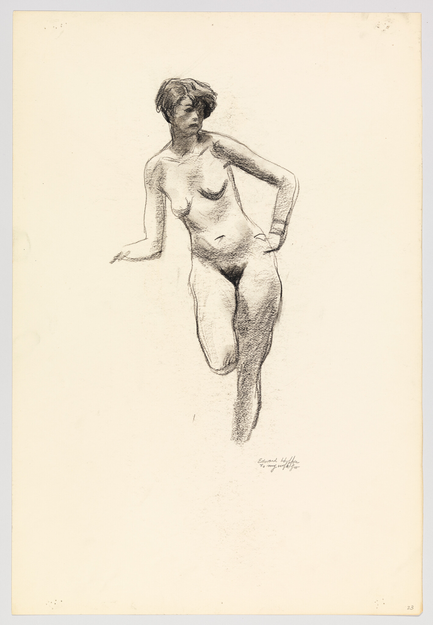 A charcoal sketch of a standing nude woman with one leg raised and hand on hip.