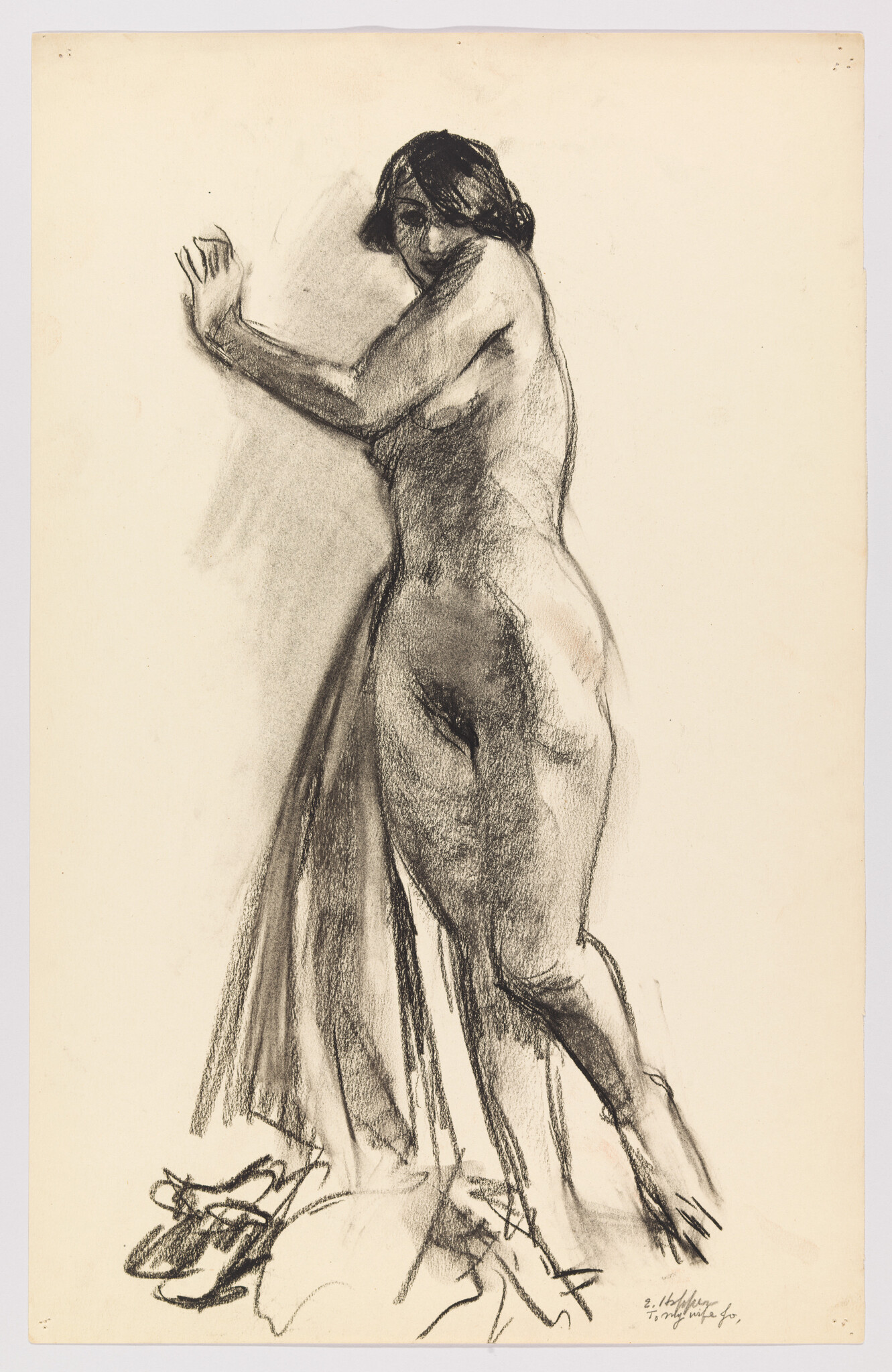 Nude woman standing turned away, leaning with raised arms and shoes on the floor.