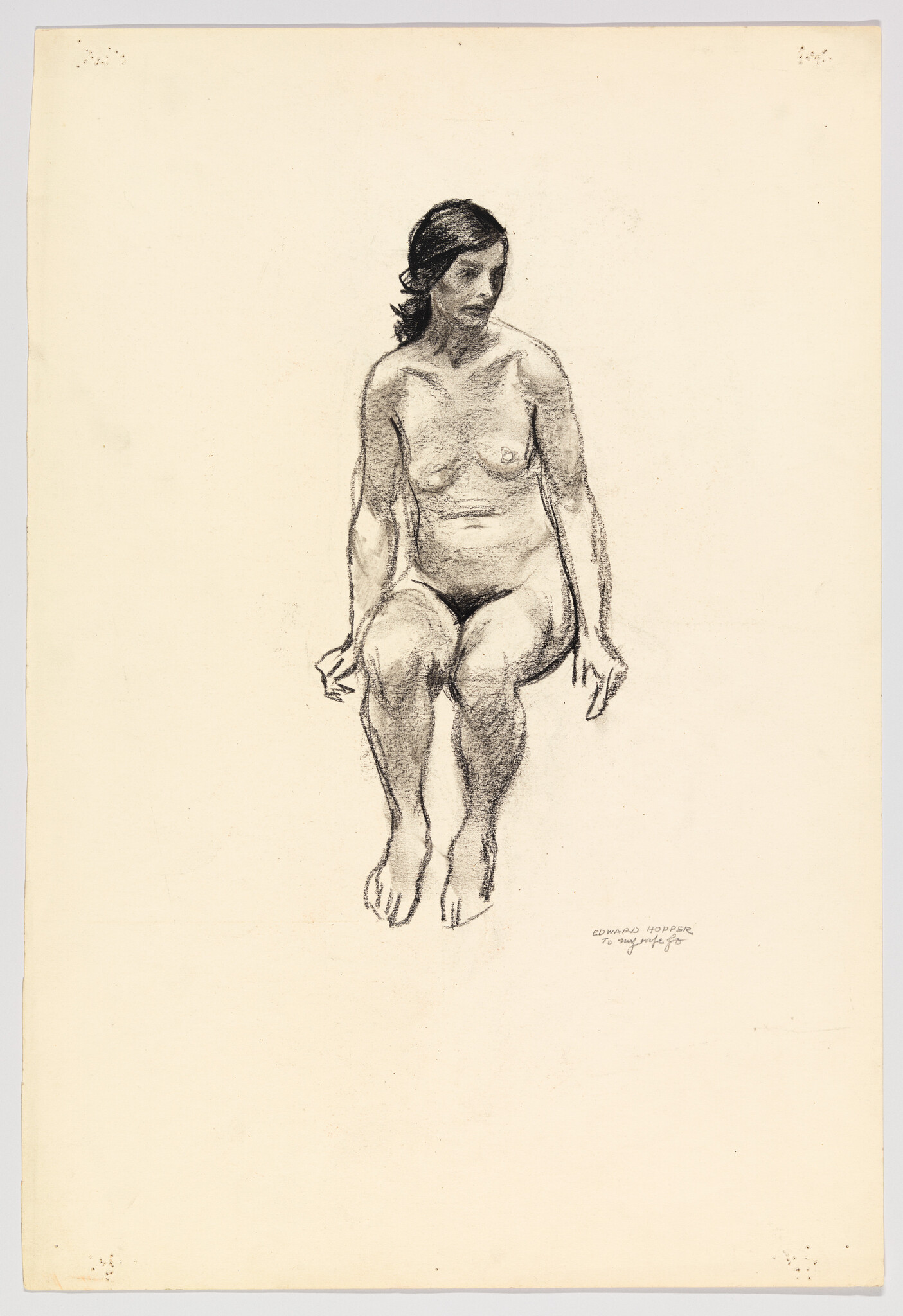 A charcoal sketch of a seated nude woman looking slightly to the right.