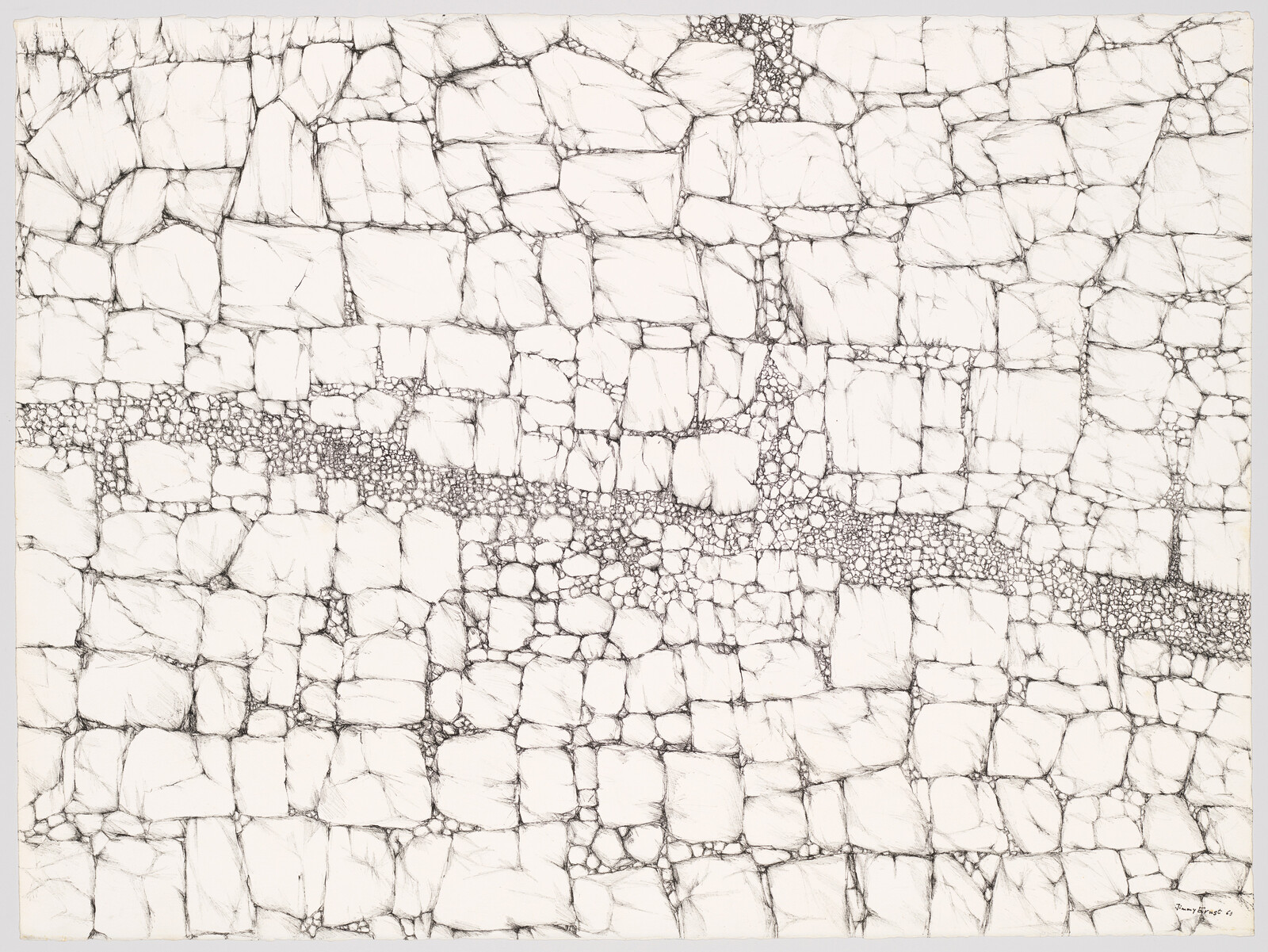 Irregular hand-drawn stone wall pattern with a narrow band of small pebbles across center.