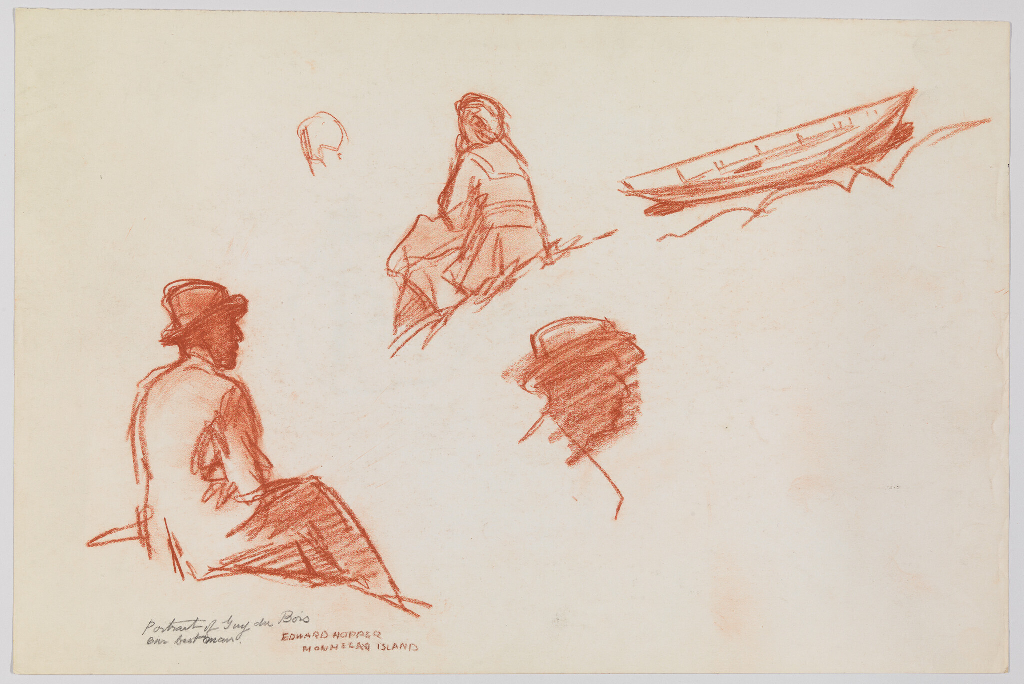 Several quick red chalk sketches showing a seated man in a hat and a small boat.