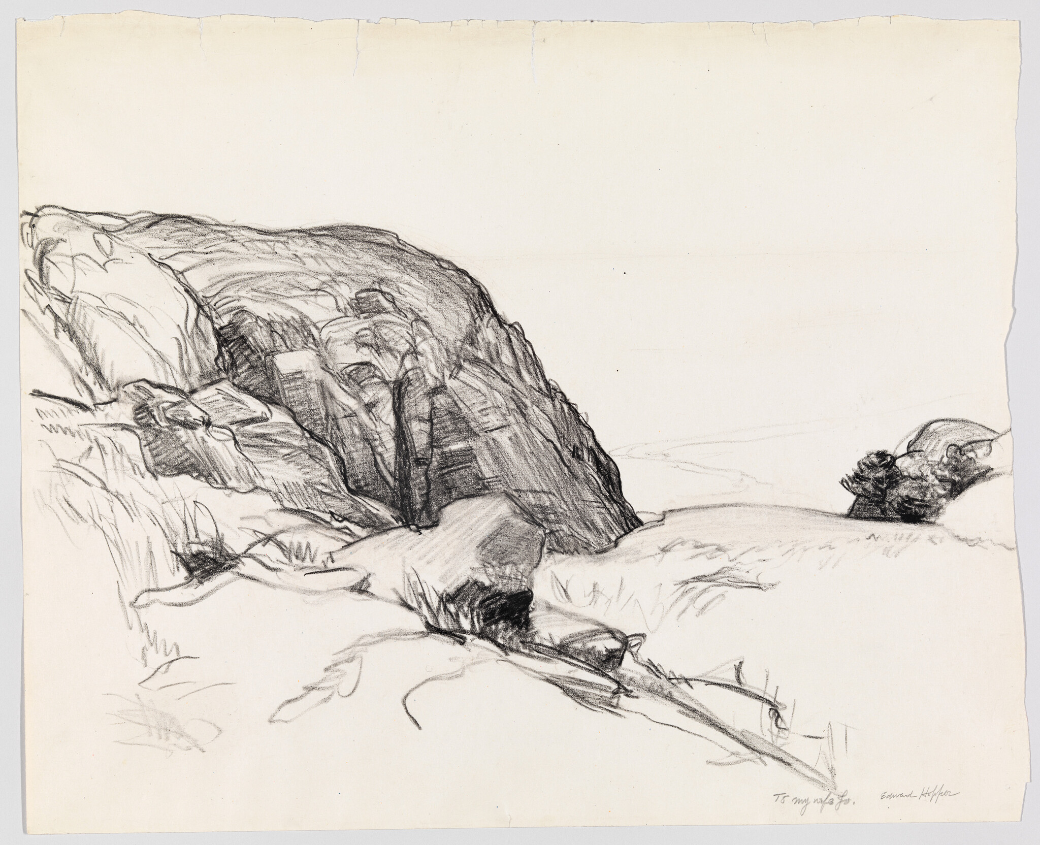 A pencil drawing shows a large rocky outcrop with grassy foreground and a small shrub.