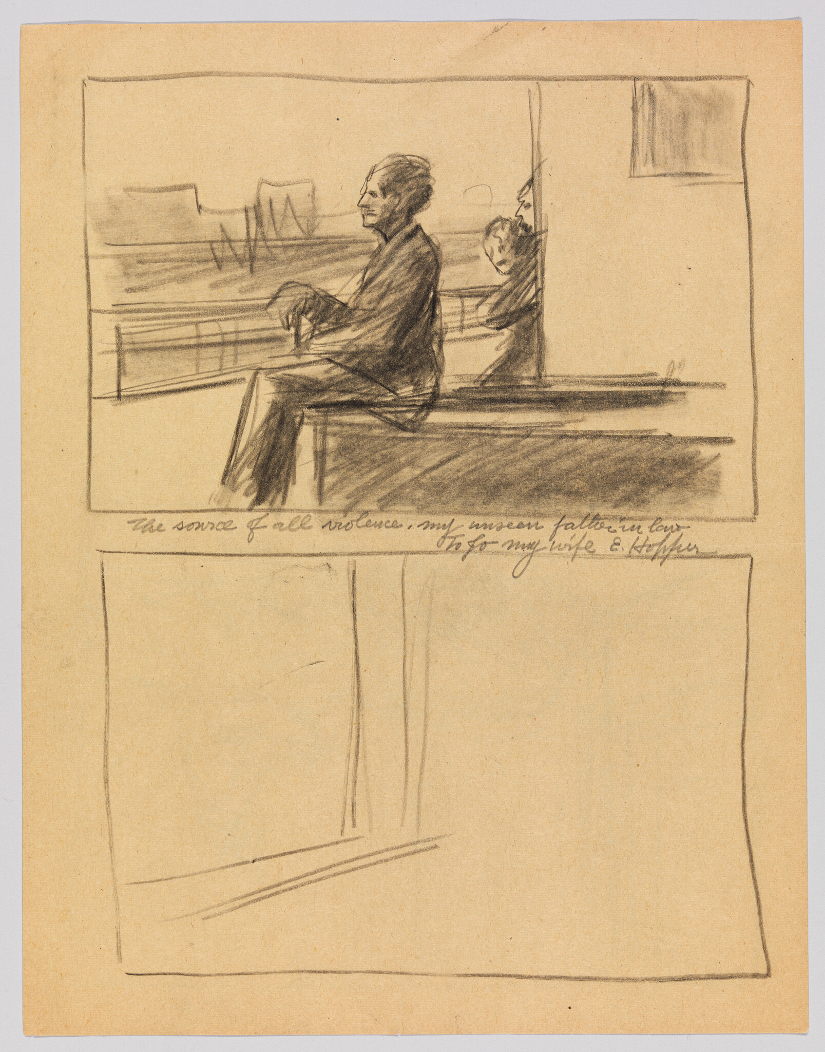 A man sits on a bench looking out a window while another person peers from a doorway.