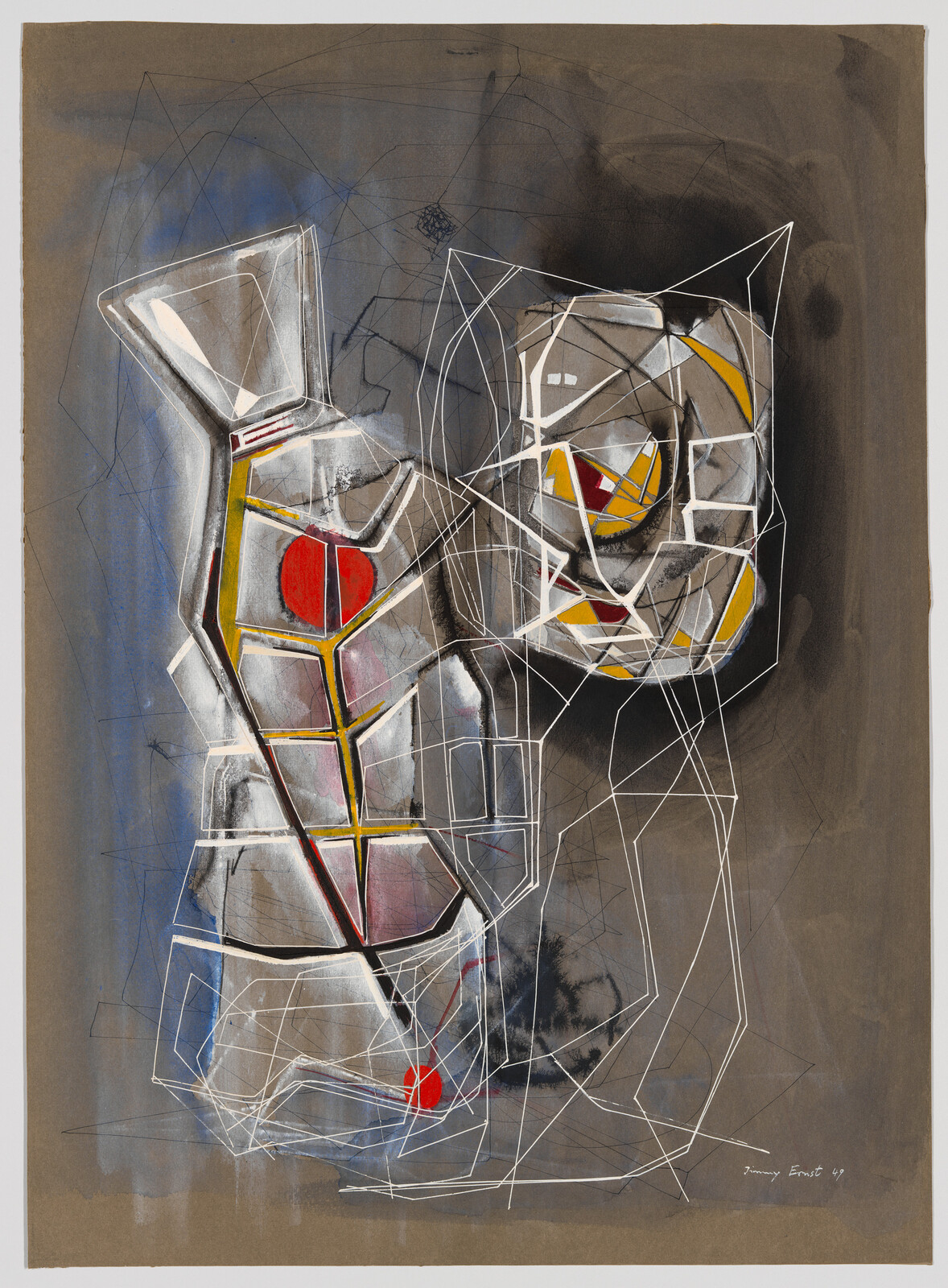 Abstract geometric composition on paper featuring a juxtaposition of sharp lines and organic shapes in a predominantly gray, white, and black color scheme with accents of red and yellow. The artwork is signed at the bottom right.