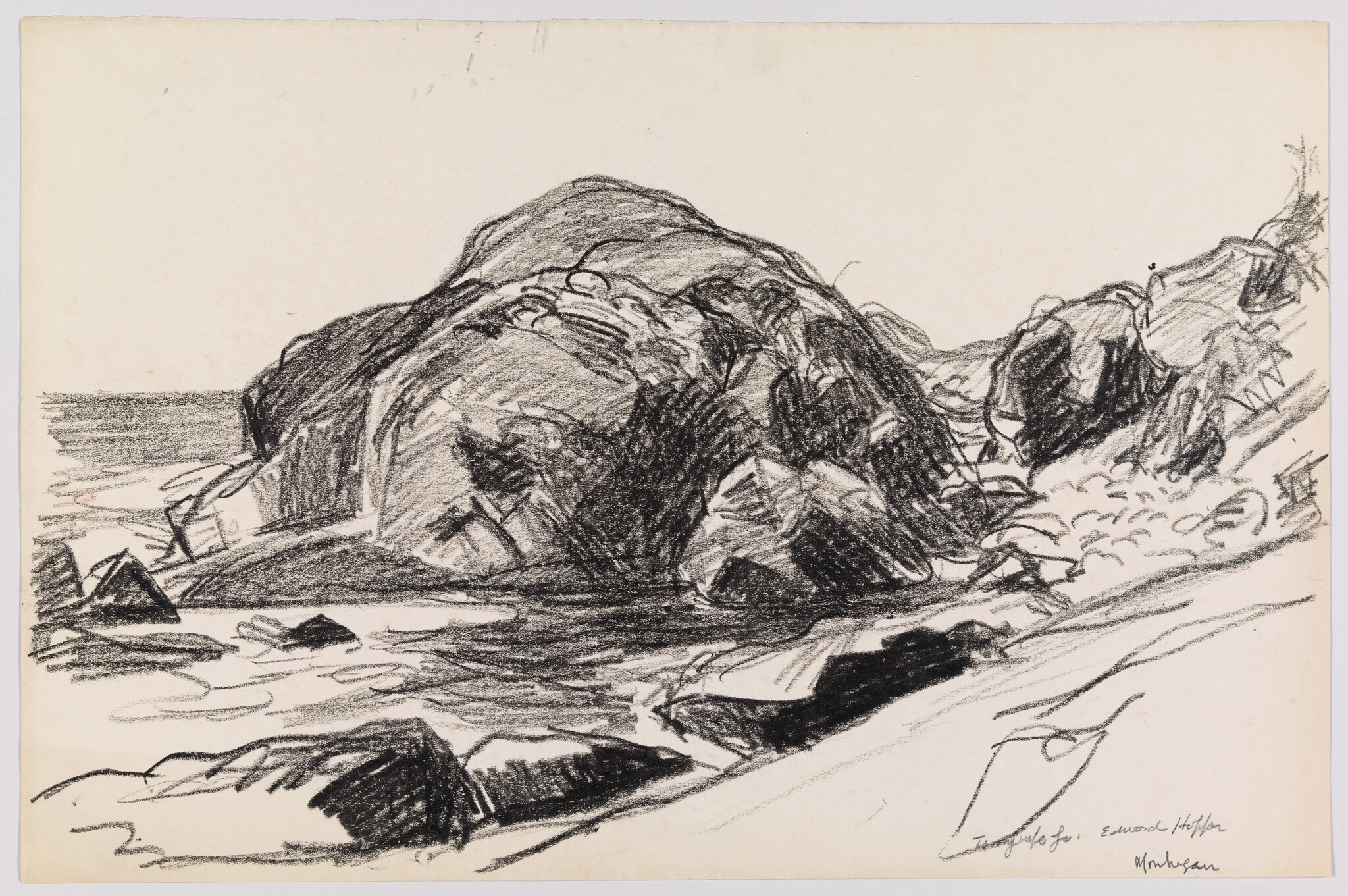A sketch of a rugged coastline with large rocks and boulders. The drawing, done in pencil, captures the texture of the rocky landscape and the calm sea in the background. Shadows and highlights suggest sunlight and depth, while the artist's signature is visible in the lower right corner.