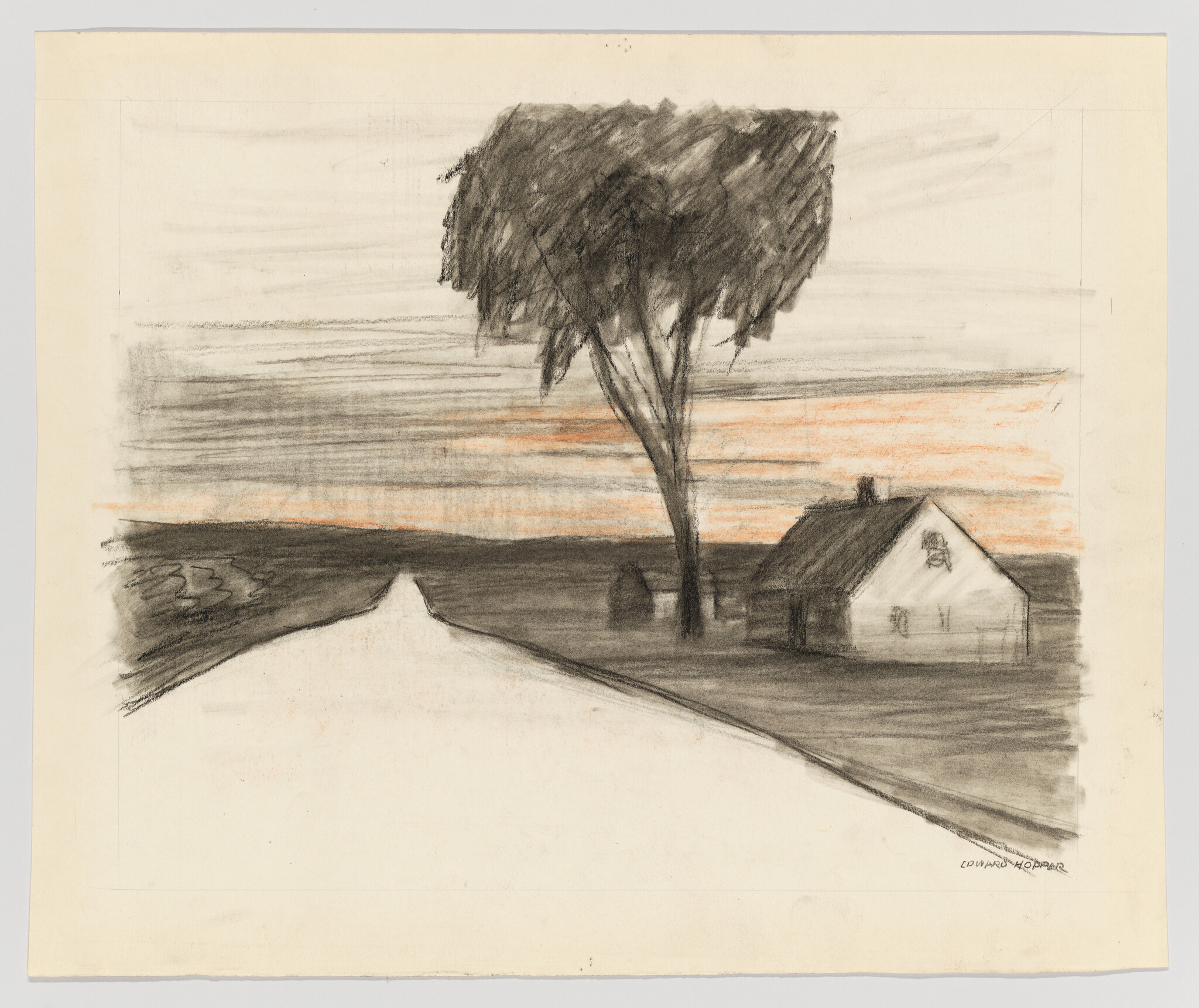 A lone tree beside a small farmhouse near a road under a soft orange sunset sky.