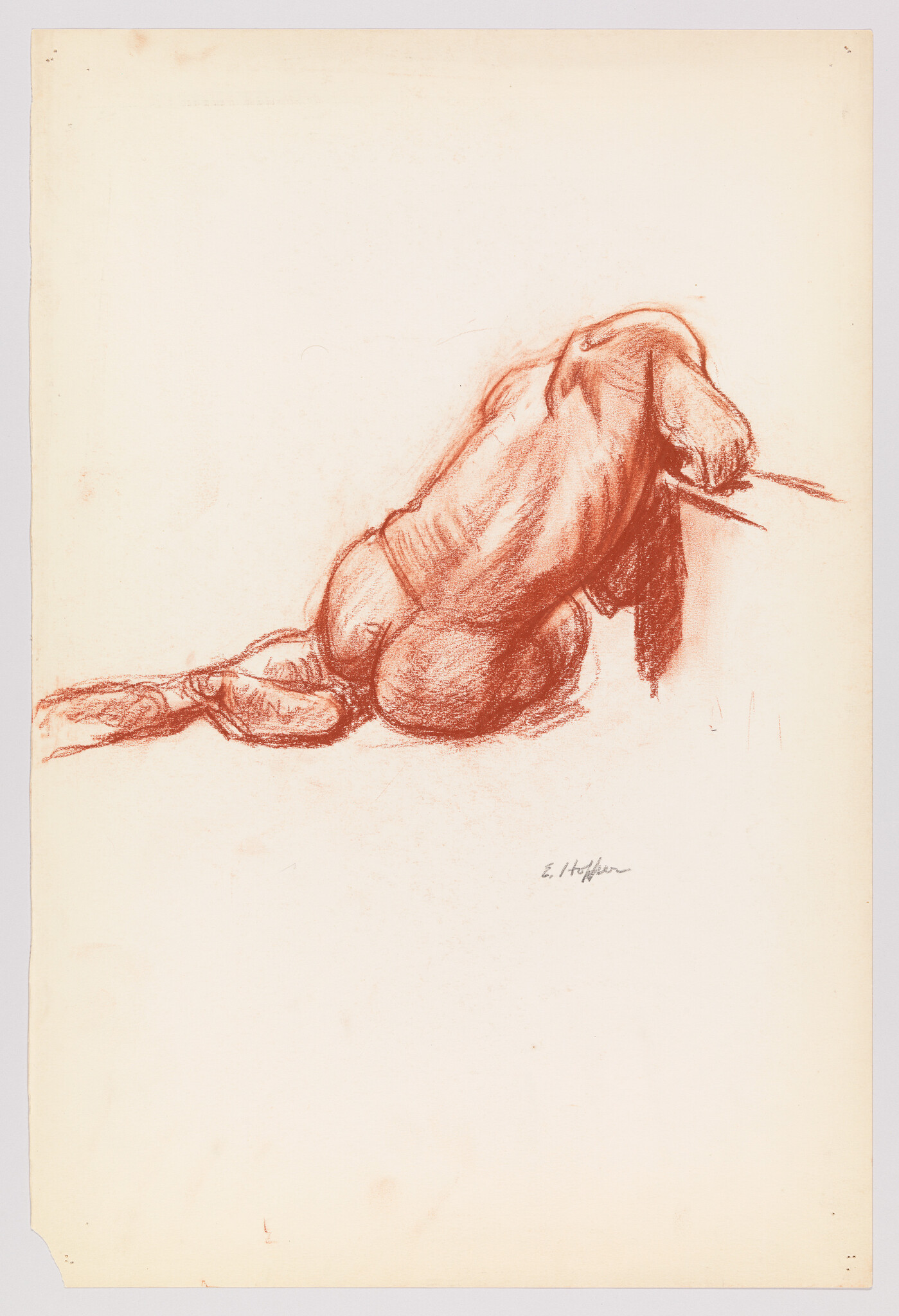A red chalk drawing of a seated nude figure leaning forward with head resting on arm.