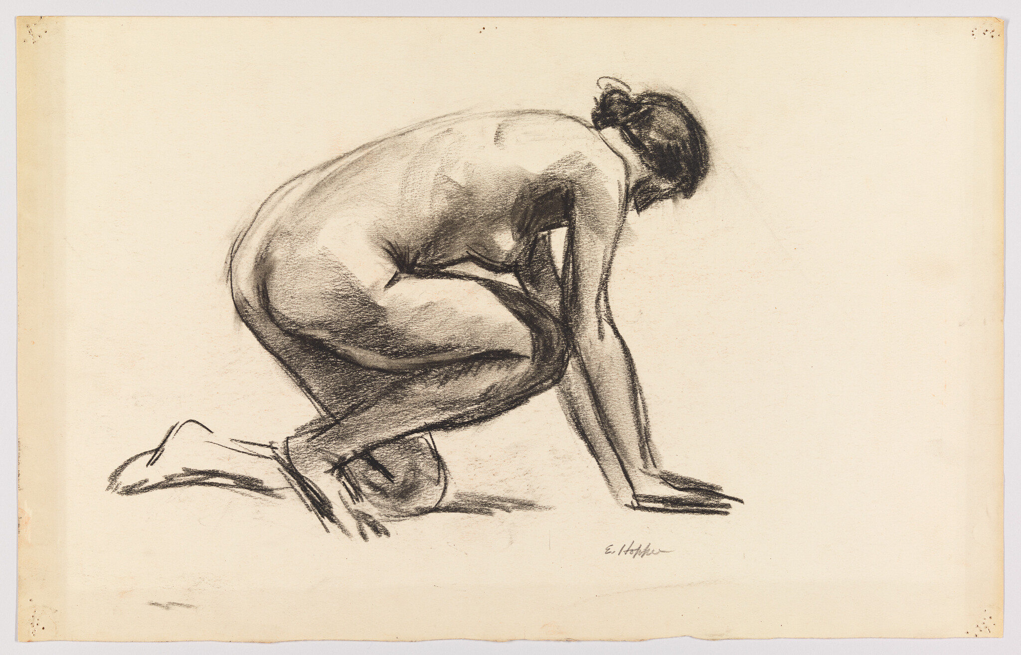 A charcoal sketch of a nude woman crouching on hands and knees with head bowed.