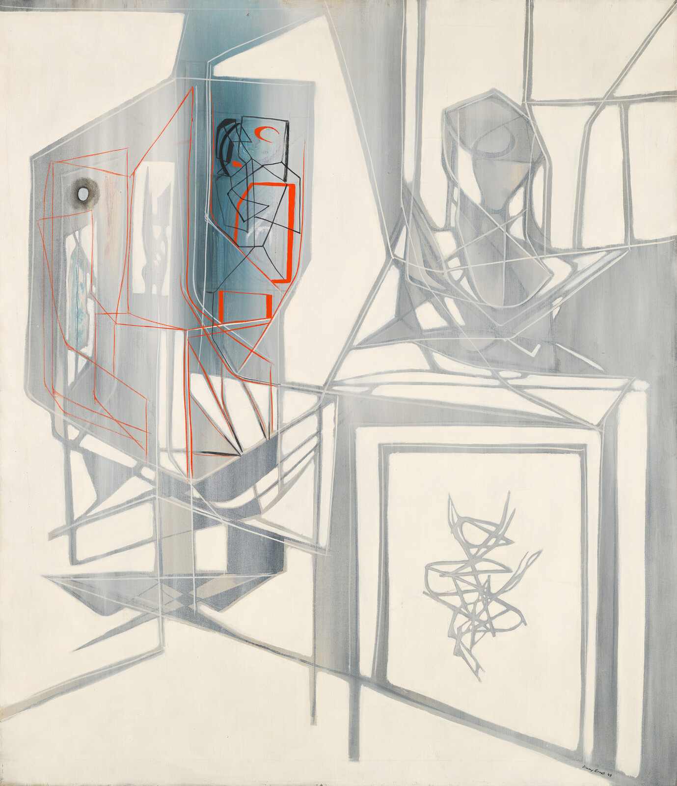 Abstract composition of intersecting geometric shapes and red-lined figures against pale gray panels.