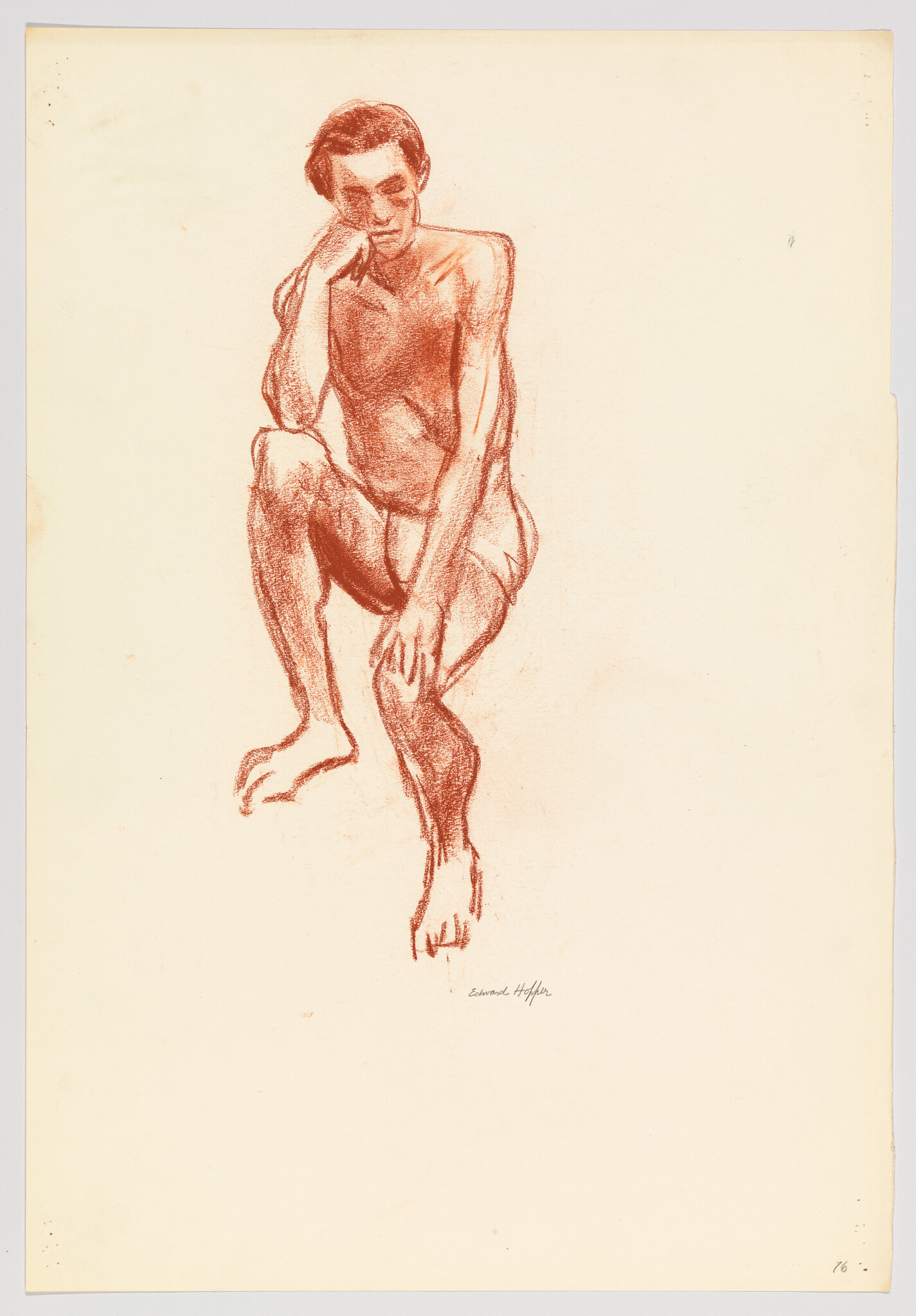 A seated nude man rests his head on his hand in a thoughtful pose.