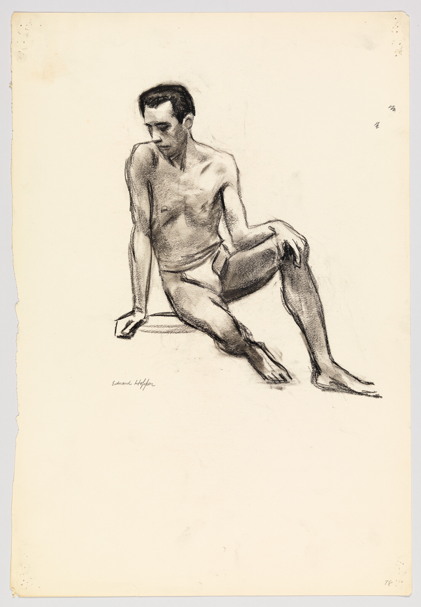 A charcoal drawing of a seated nude man leaning back with one hand on his knee.