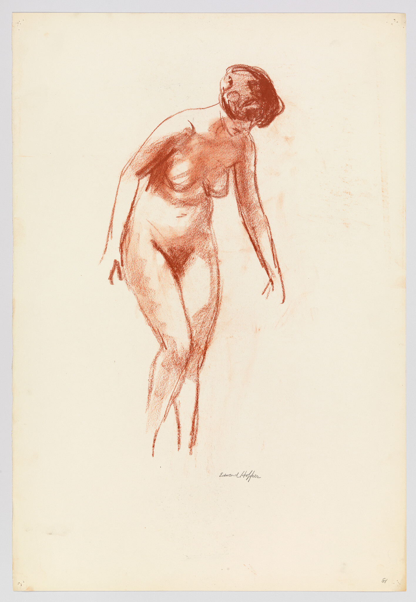 A charcoal sketch of a standing nude woman bending forward with her head bowed.
