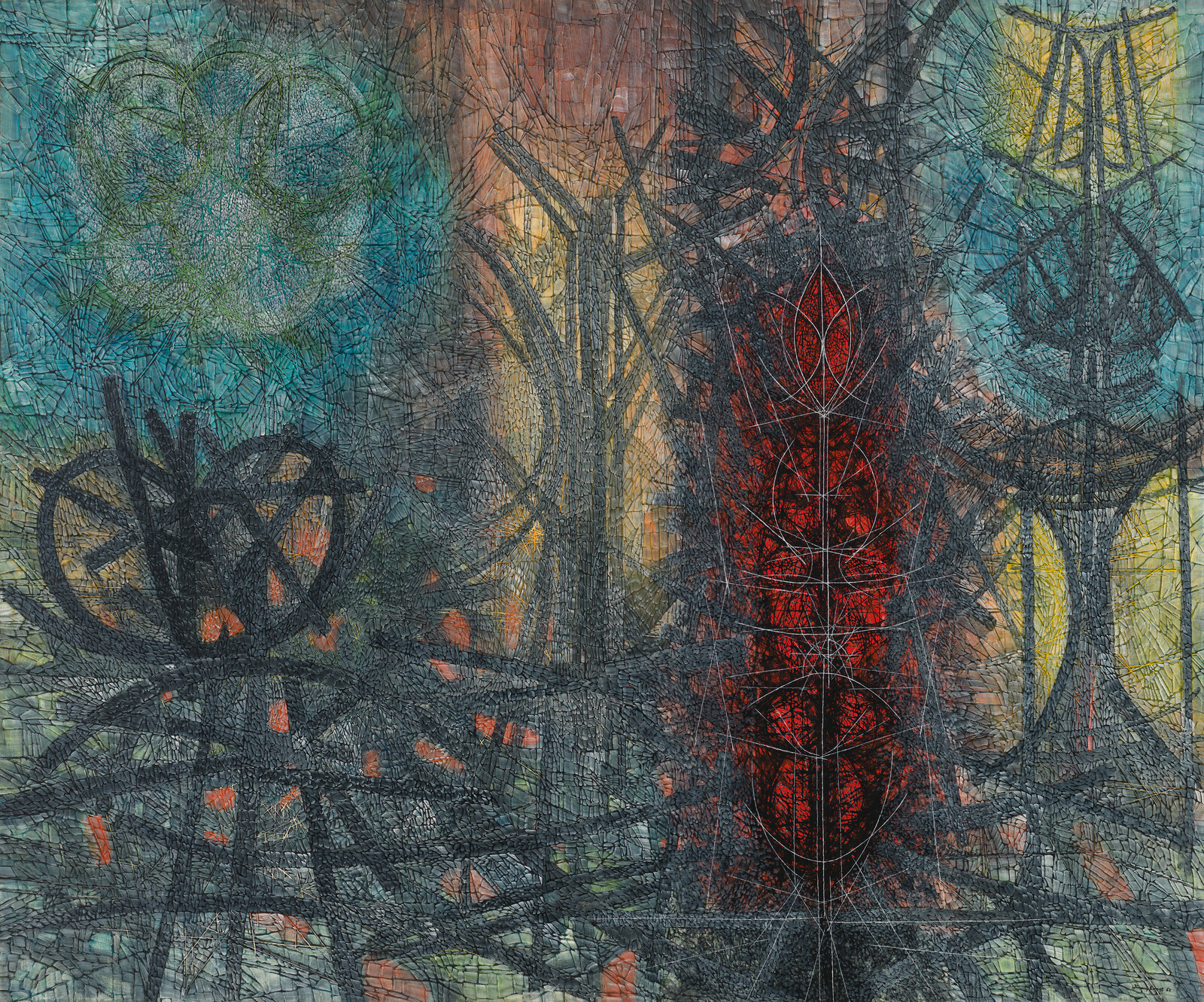 Dark tangled shapes and swirling lines surround a central vertical red pattern in an abstract painting.