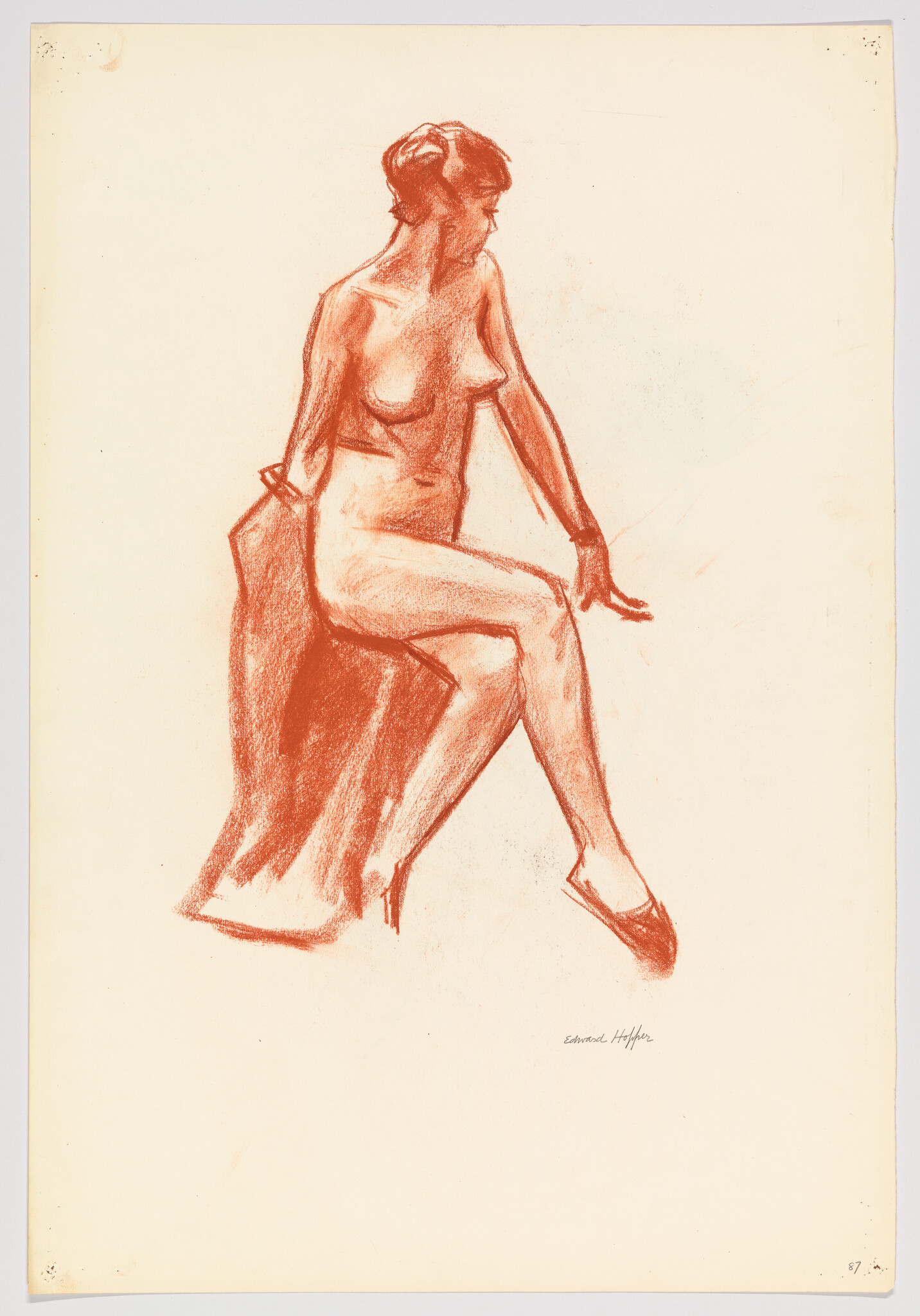 A sketch of a seated female figure with her left leg crossed over her right, rendered in red tones on a cream-colored background. The figure appears to be in a contemplative pose, looking to the side, with her hair up and wearing a sleeveless top and heels. The artist's signature is visible at the bottom right.