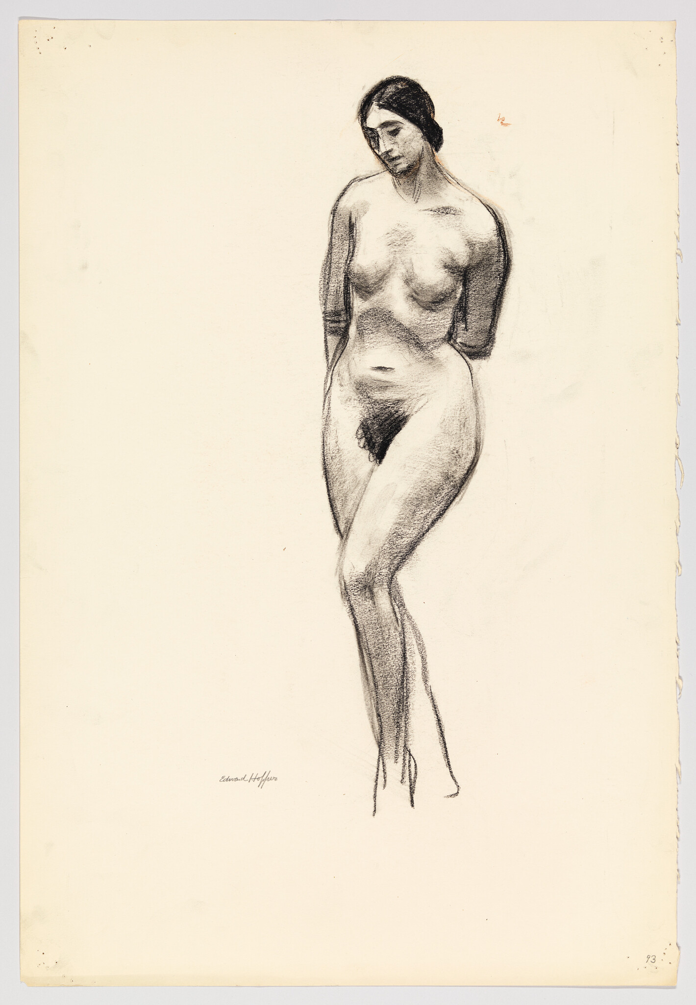 A standing nude woman with hands behind her back and head tilted slightly to one side.