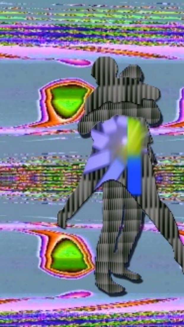 Two striped silhouetted figures embrace against a colorful glitchy abstract background.