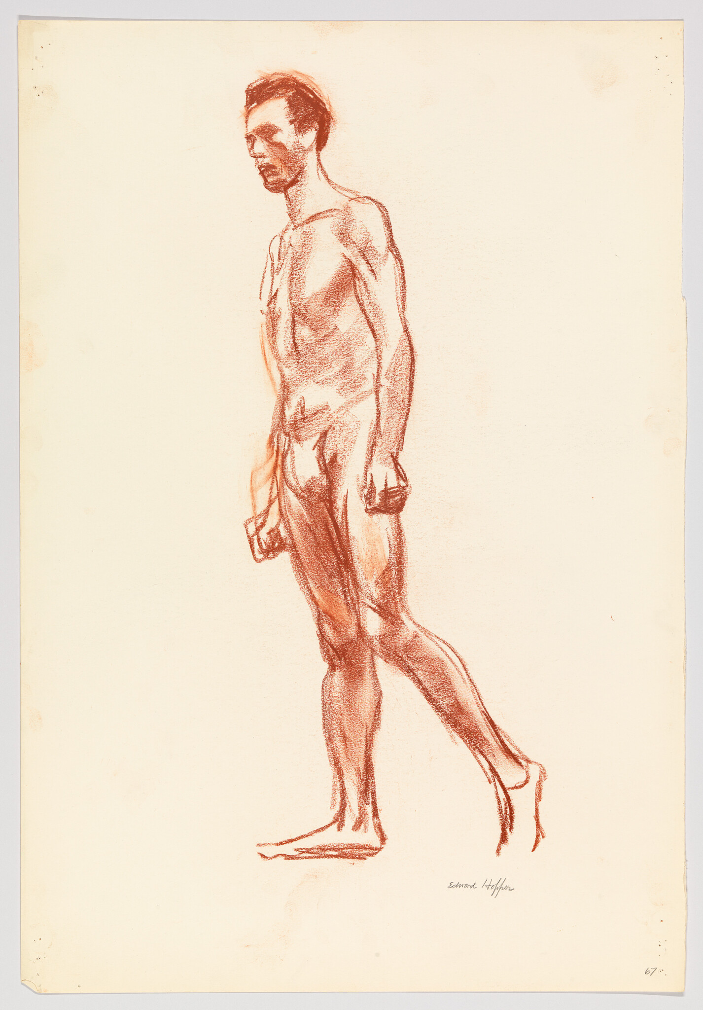 A red chalk sketch of a standing nude man taking a step forward on cream paper.