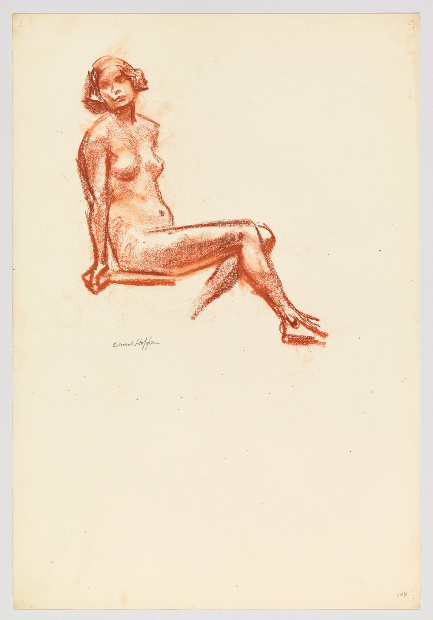 A seated nude woman leans back on a ledge with one leg extended.