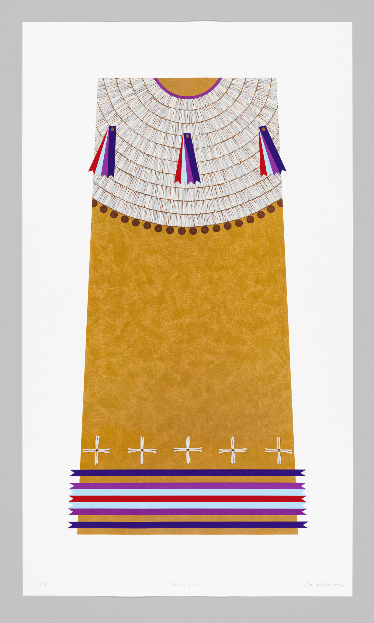 A long golden woven garment with white fringe, decorative ribbons, and purple-striped hem.