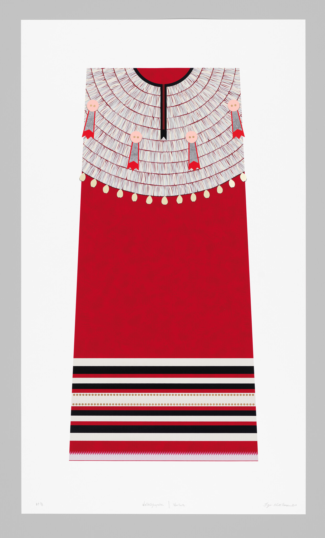Red ceremonial dress with layered white fringe collar, round pink buttons, and striped hem.