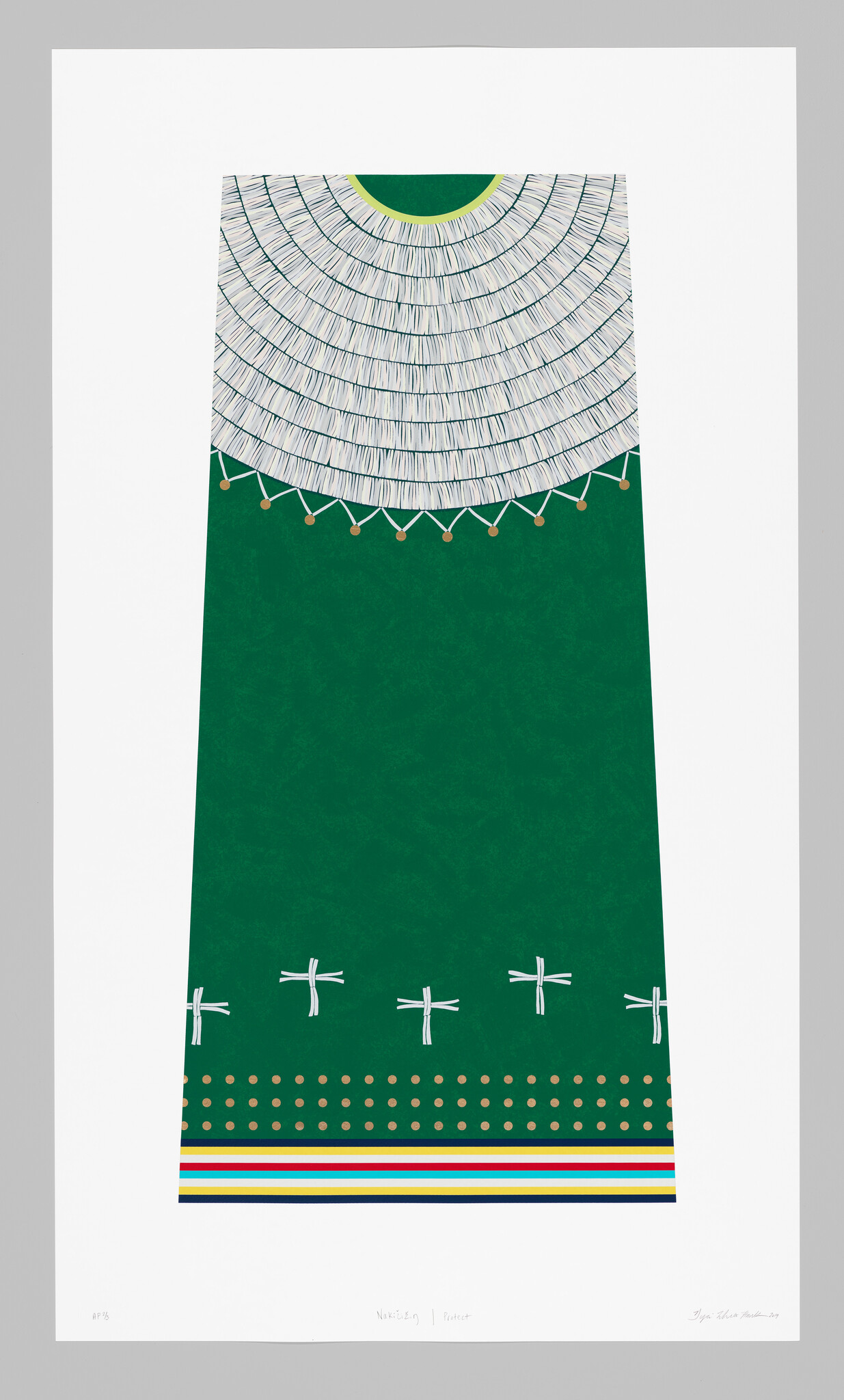 A tall green garment with white fringe collar, dotted band, and colorful striped hem.