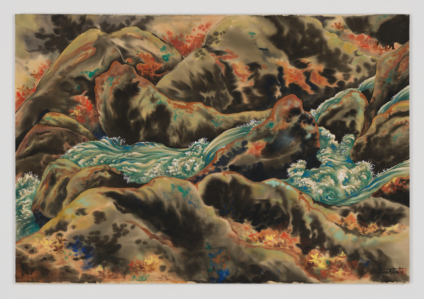 Colorful abstract painting of a river flowing through rocky terrain, with vibrant splashes of blue, orange, and green.