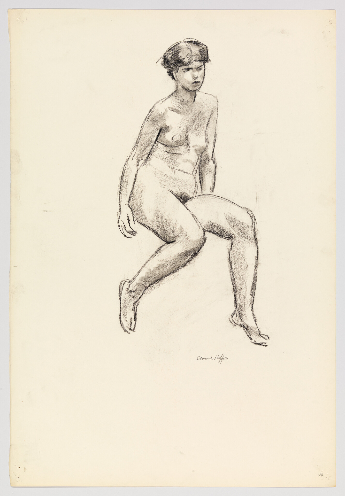 A charcoal drawing of a nude woman seated with one leg raised and head tilted.