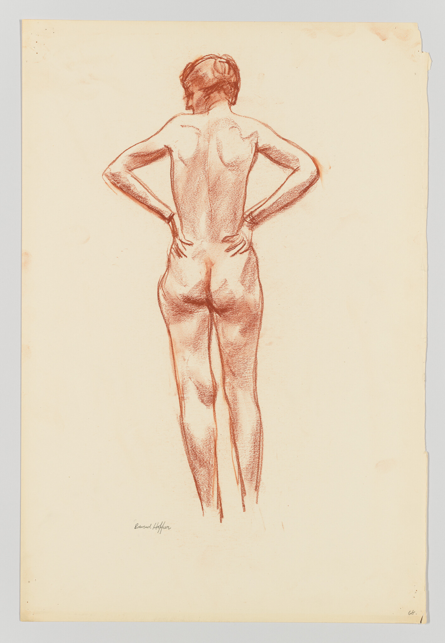 Standing nude figure seen from the back with hands resting on hips.