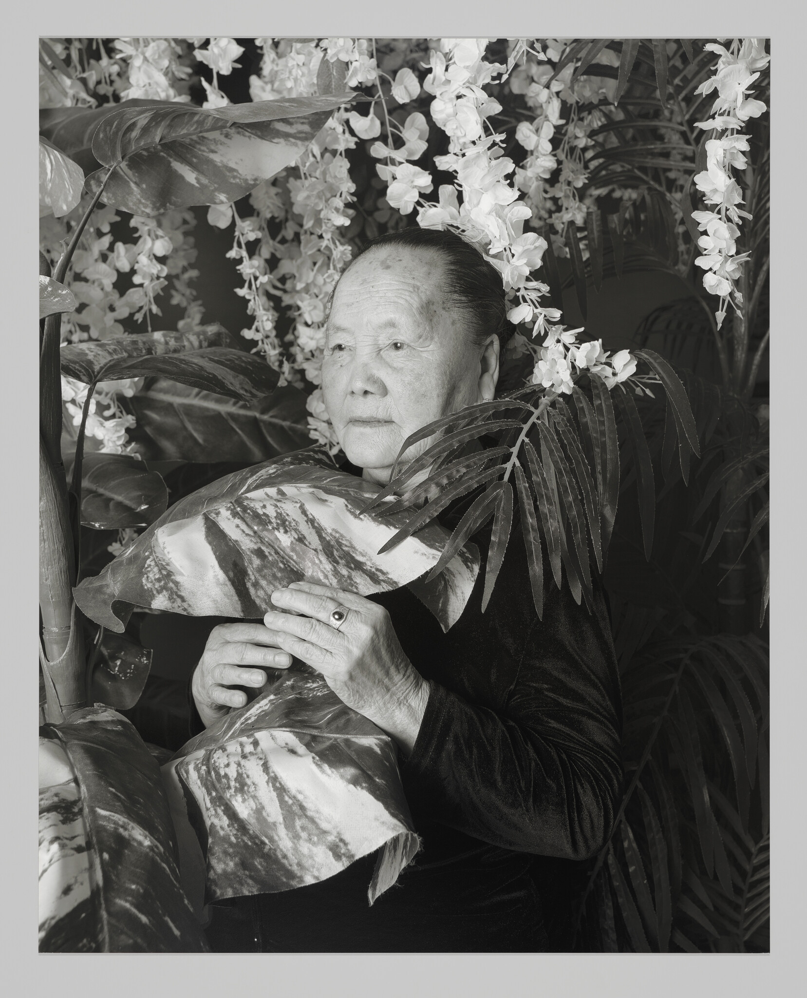 Elderly person surrounded by lush plants and flowers in a black and white photo.