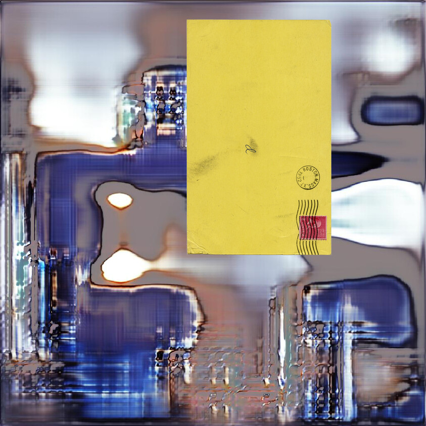A yellow mailed envelope with stamp and postmark placed over an abstract blue distorted background.