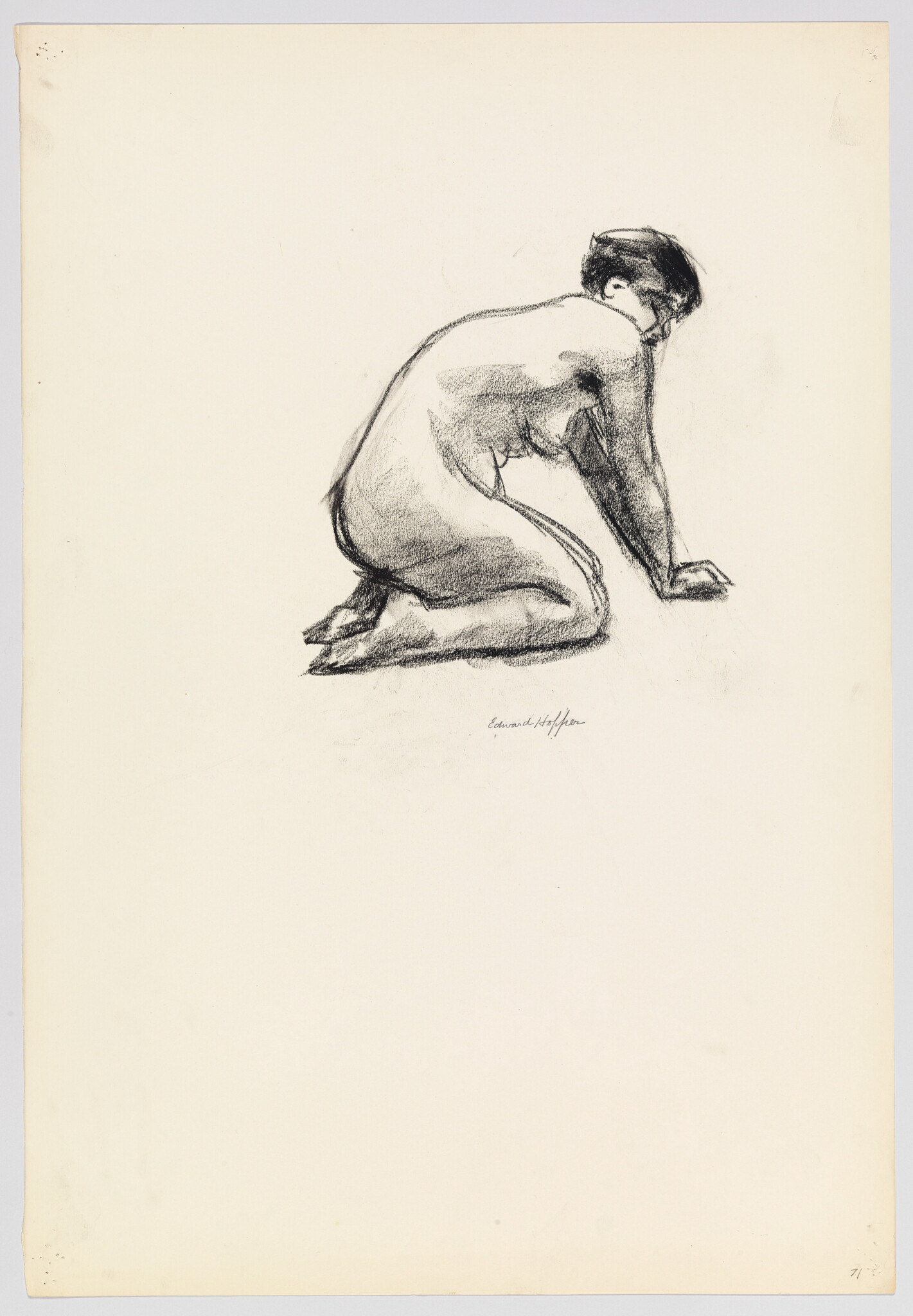 Nude figure kneeling on hands and knees, leaning forward in a charcoal sketch.