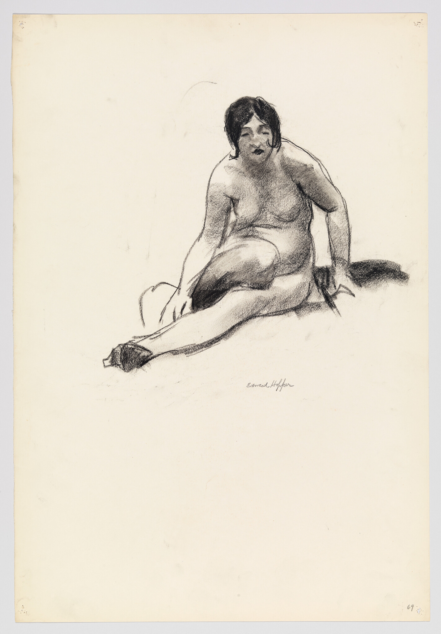 Nude woman sitting with legs extended, looking downward in a charcoal sketch.