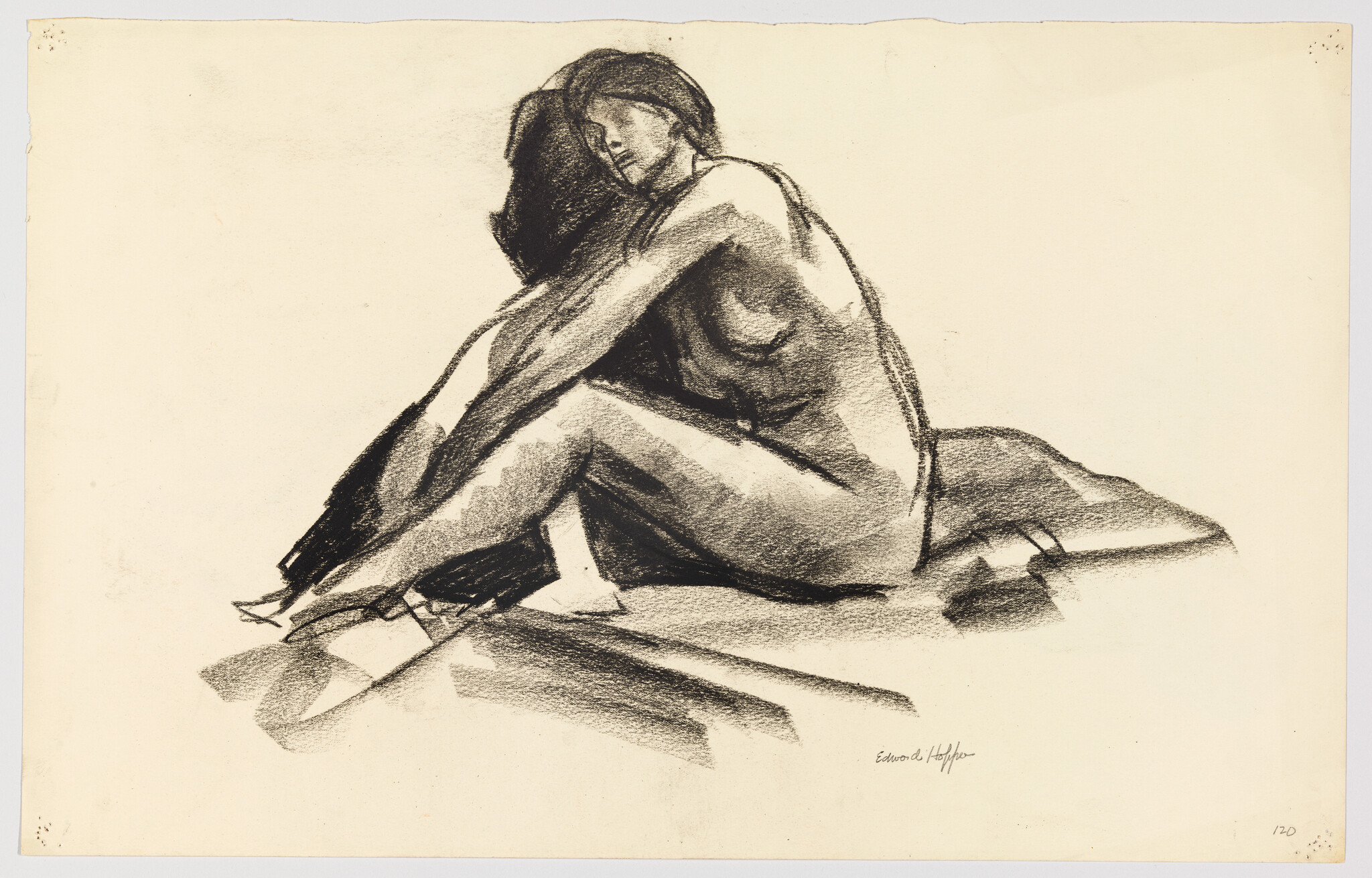 A seated nude woman hugs her knees while looking downward in a charcoal sketch.